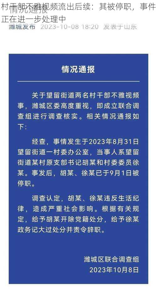 村干部不雅视频流出后续：其被停职，事件正在进一步处理中