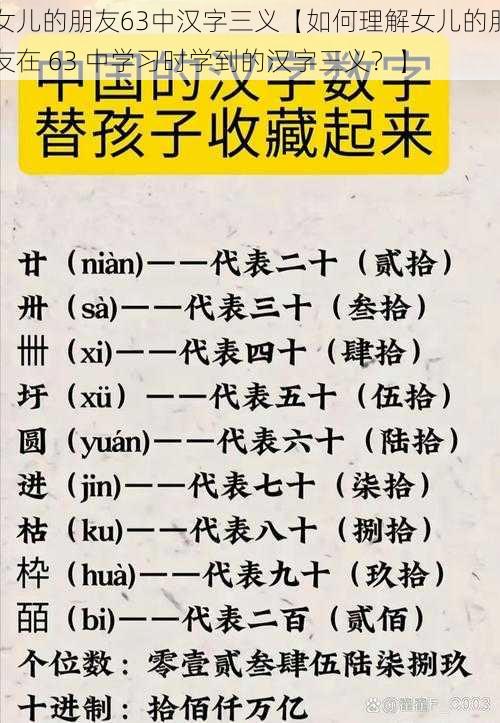 女儿的朋友63中汉字三义【如何理解女儿的朋友在 63 中学习时学到的汉字三义？】